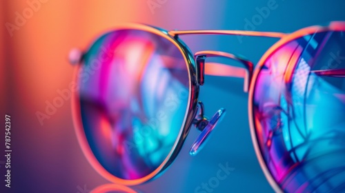 A close up of a pair of sunglasses with colorful reflections, AI