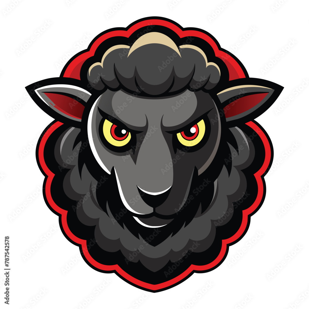 Naklejka premium A distinctive black sheep with yellow eyes standing on a white background, Black Sheep Logo Mascot, Distinctive Illustration Vector Graphic