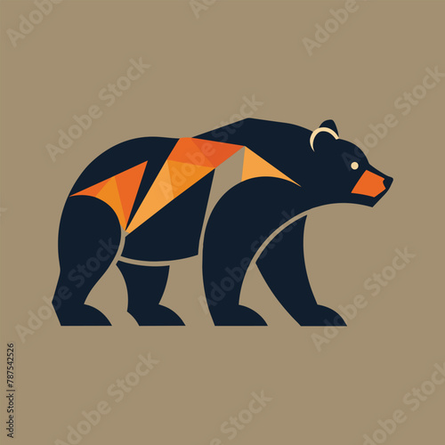 A bear featuring an orange and black geometric minimalist design, Bear silhouette in a geometric design, minimalist simple modern vector logo design