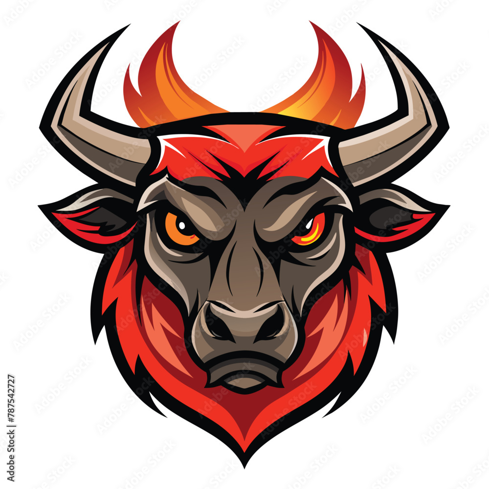A stylized representation of a bulls head with vibrant red and orange hair, Bull head logo. Abstract stylized cow or bull head with horns icon A stylized representation of a bulls head with vibrant red and orange hair, Bull head logo. Abstract stylized cow or bull head with horns icon