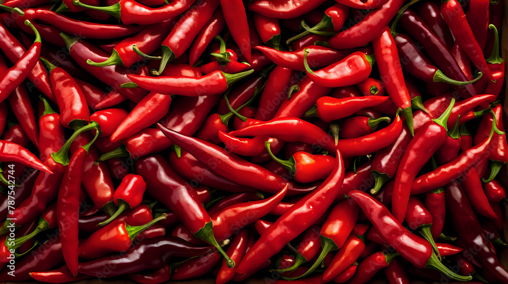 A dense collection of glossy red chili peppers creates a fiery tapestry of spice and color A dense collection of glossy red chili peppers creates a fiery tapestry of spice and color