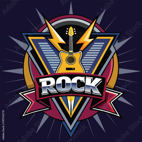 A guitar logo featuring the word rock symbolizing music and energy, Capture the essence of a rock concert in a sleek, modern design