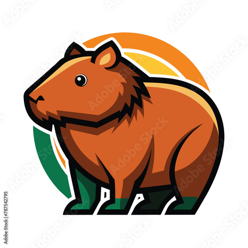 A brown bear stands on a lush green field, Capybara logo for graphic design