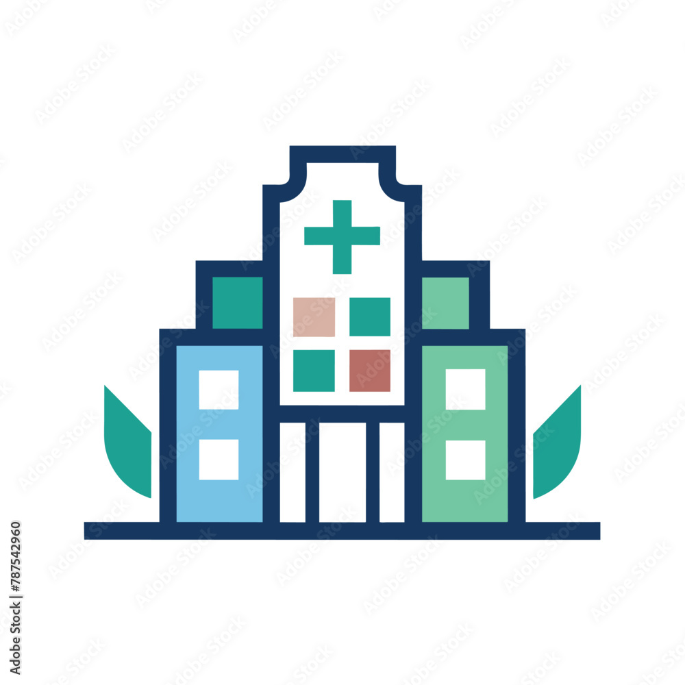 A modern building with a cross on top standing against a clear sky, Clean lines and a single color palette for a minimalist logo representing a medical center