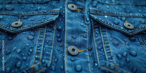 Glistening Denim: A Close Up of a Jacket Drenched With Water Droplets
