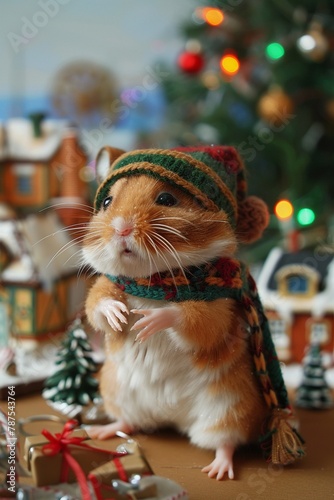 Hamster in a knit hat and scarf, overseeing a winter strategy meeting, festive atmosphere