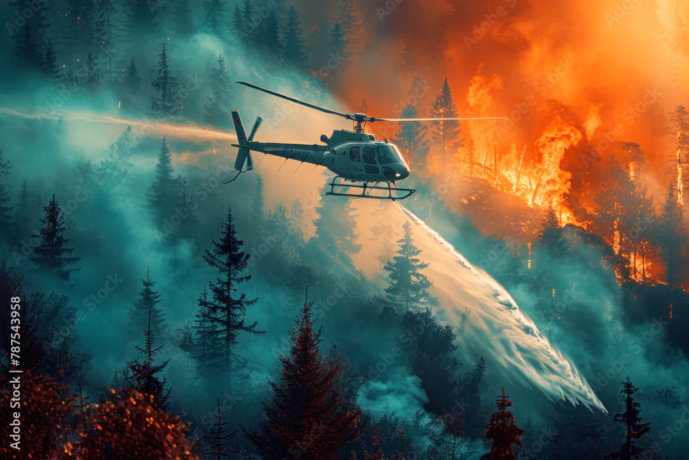 Helicopter drops water on a forest fire, trees in flames Helicopter drops water on a forest fire, trees in flames