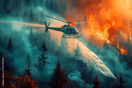 Helicopter drops water on a forest fire, trees in flames photo