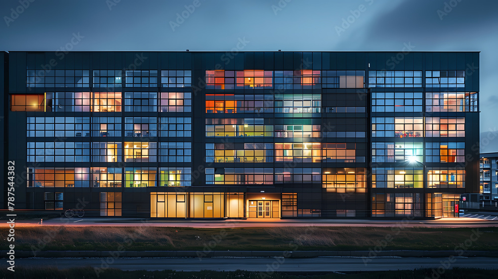 a building with a lot of windows and lights on it's side at night time