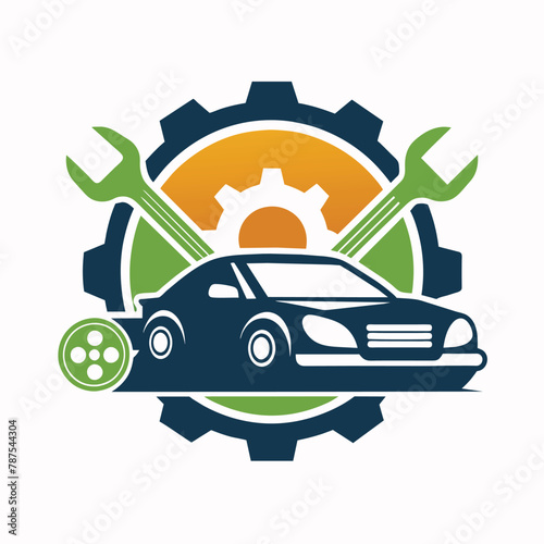 A car being repaired with the help of a wrench and a gear wheel, symbolizing maintenance and mechanical work, Create a minimalist image representing automotive maintenance