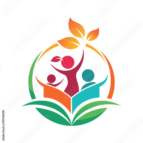 Logo featuring multiple individuals holding leaves, symbolizing unity and environmental support, Create a minimalist logo for a charity supporting children's education and literacy programs