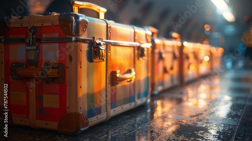 A row of colorful suitcases lined up on a tiled floor, AI photo