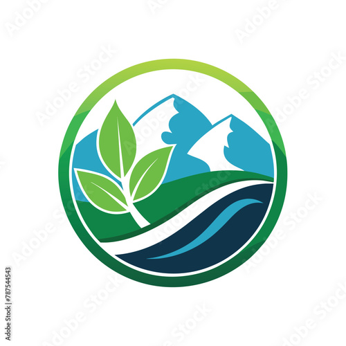 Logo design featuring green and blue colors with mountains in the background, Create a minimalist logo for a non-profit organization focused on environmental conservation