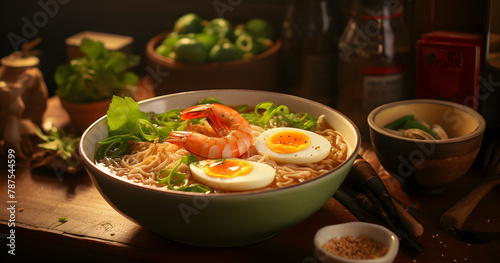 seafood noodles, shrimp yakisoba, bowl pasta, Healthy food, boiled egg ,