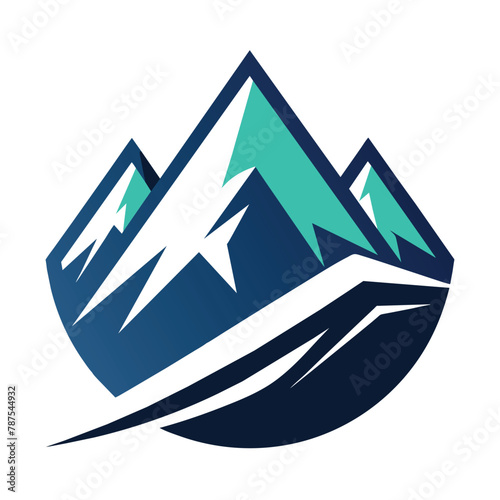 A towering mountain stands in the foreground, with snow-capped peaks visible in the background, Create a sleek and modern logo for a ski resort with a minimalist aesthetic
