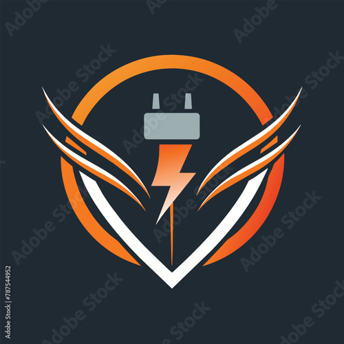 A modern logo featuring an orange and black color scheme with a prominent lightning bolt design, Create a sleek and modern logo with a subtle nod to a plug or outlet