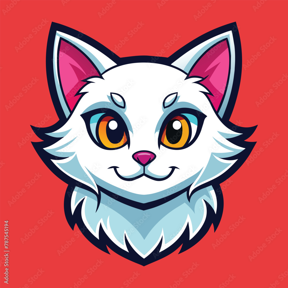 A white cat with striking orange eyes against a vibrant red backdrop, Cute White Cat Head Logo Mascot
