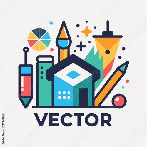 Colorful logo design showcasing a house and pencil in a dynamic composition, Create a visual identity for a creative studio specializing in clean and simple designs