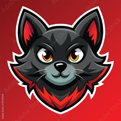 A cute black cat with vibrant yellow eyes wearing a red collar, Cute Black Cat Head Logo Mascot, Illustration Vector photo