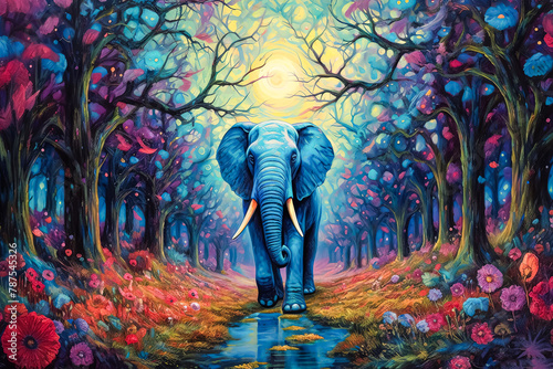 A colorful elephant is standing in a forest.