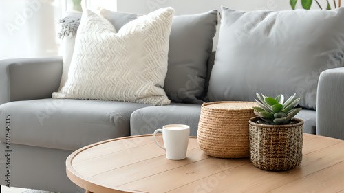 A cozy and modern living room corner features a gray couch with textured white pillows, a round wooden coffee table with a mug and woven baskets, one holding a green succulent plant, inviting a sense 
