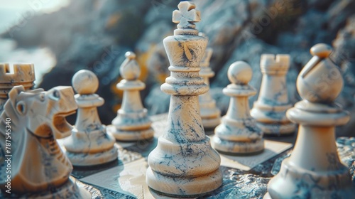 A close up of a chess set with pieces on the board, AI photo