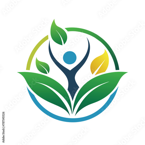 Logo design featuring leaves surrounding a central human figure, representing harmony, Design a logo that represents the harmony between nature and humans