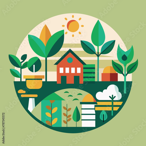 A circle containing a house and trees, Design a minimalist icon for a community garden project promoting sustainable living