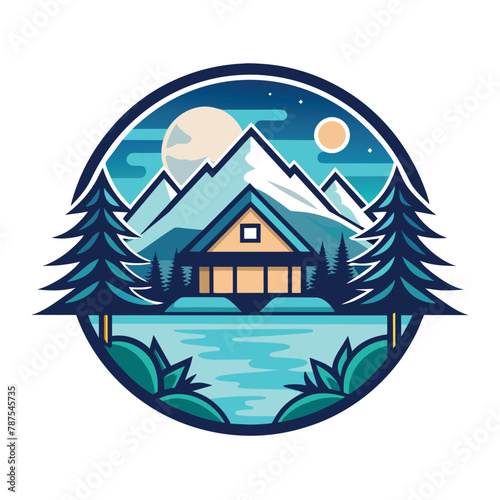 A cabin nestled in the woods with a serene lake and towering mountains in the background, Design a minimalist logo for a lakeside resort that exudes tranquility