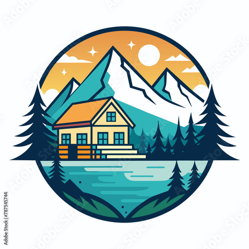 A house stands in front of a towering mountain in the background, Design a minimalist logo for a lakeside resort that exudes tranquility