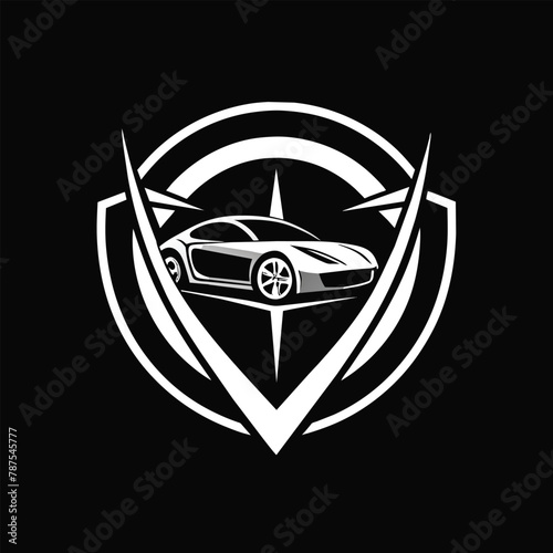 Monochrome image of a luxury car driving on the road, Design a minimalist logo for a luxury car brand that exudes sophistication