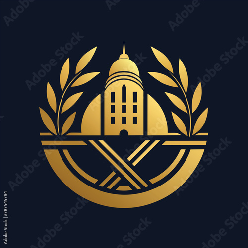 A gold emblem showcasing a building in the center, symbolizing luxury and sophistication, Design a minimalist logo for a luxury hotel chain that reflects luxury and comfort