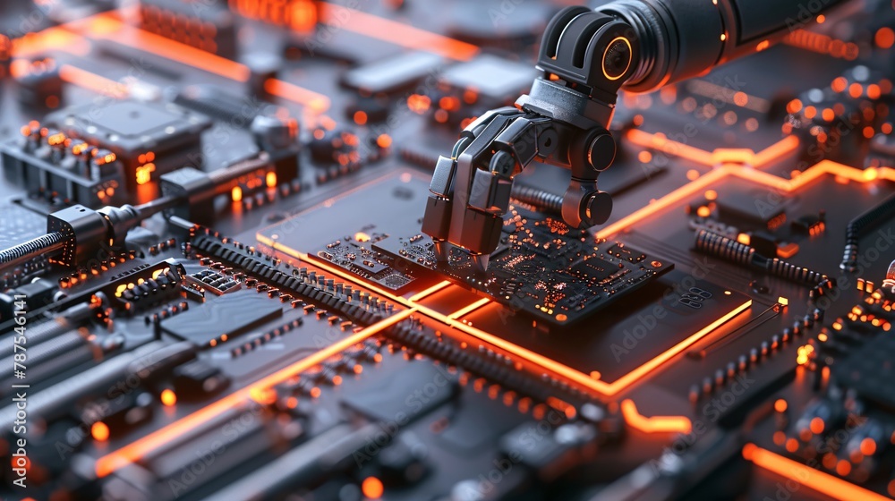 Close up robotic arm for assembling chip component Close up robotic arm for assembling chip component
