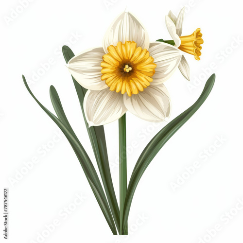 Digital art of a blooming daffodil and bud with detailed petals and vibrant colors, isolated on a white backdrop.