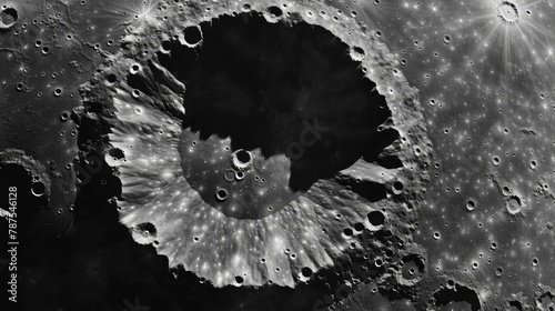 Closeup of a small yet intricate lunar crater with its concentric rings and impact ejecta tered around the edges. The pristine surface is marked by tiny craters and delicate patterns . photo