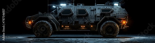 Armored Military Vehicle Illuminated Under the Night Sky, with Left-Side Copy Space for Text - This composition showcases the formidable presence of an armored military vehicle, its advanced lighting 