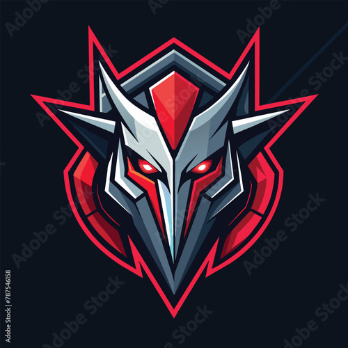 A red and white mask with horns stands out against a dark black background, A sleek and minimalistic logo design for a manufacturing company