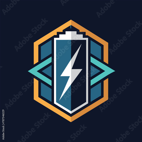 A lightning bolt symbol positioned in the center of a shield, creating a powerful and dynamic visual impact, Design a sleek and modern logo with a geometric representation of a battery icon