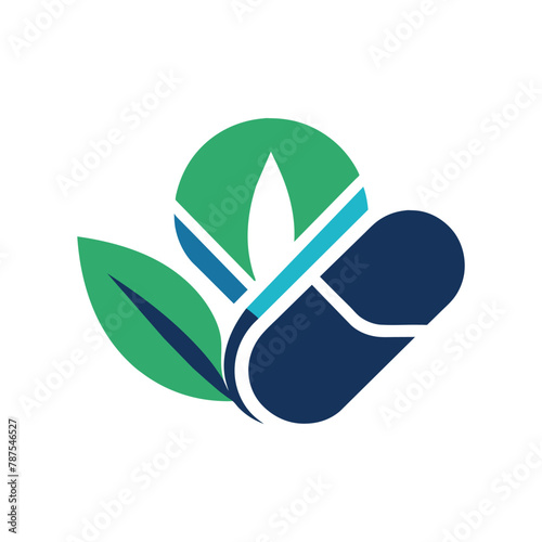 A minimalist logo featuring a green leaf and blue flower, symbolizing nature and pharmaceuticals, Design a sleek, minimalist logo for a pharmaceutical brand