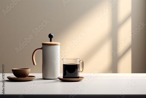 A minimalist scene featuring a ceramic coffee mug and a French press, with the focus on the brewing process Generative AI