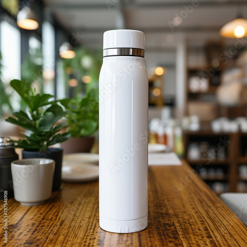 glass of hot tea on the table, mockup thermos