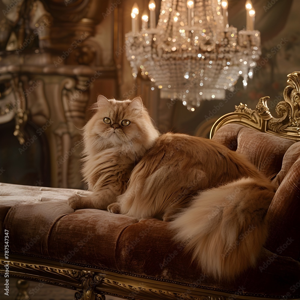Persian cat lounging gracefully on a plush velvet chaise lounge