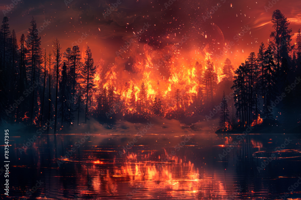 Fire in the forest, silhouettes of burning trees in smoke and reflection of fire in the lake in front of the forest, with copy space Fire in the forest, silhouettes of burning trees in smoke and reflection of fire in the lake in front of the forest, with copy space