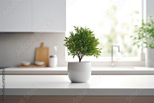 A minimalistic kitchen with a pristine white counter top and a single decorative plant Generative AI