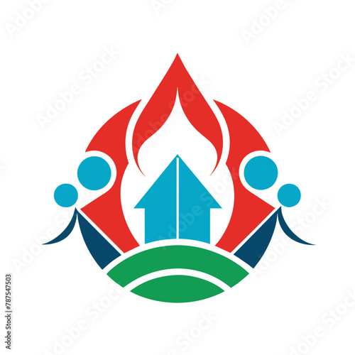 A group of individuals standing together around a fire, socializing and staying warm, Develop a sleek emblem for a charity providing aid to refugees and displaced populations