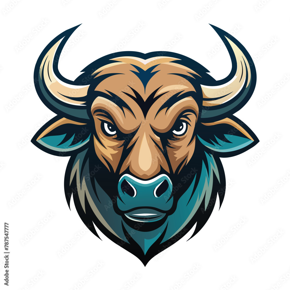 Close-up view of a bulls head featuring large horns and striking blue eyes, exuding a sense of strength and power, Elegance drawing art buffalo cow ox bull head logo design Close-up view of a bulls head featuring large horns and striking blue eyes, exuding a sense of strength and power, Elegance drawing art buffalo cow ox bull head logo design