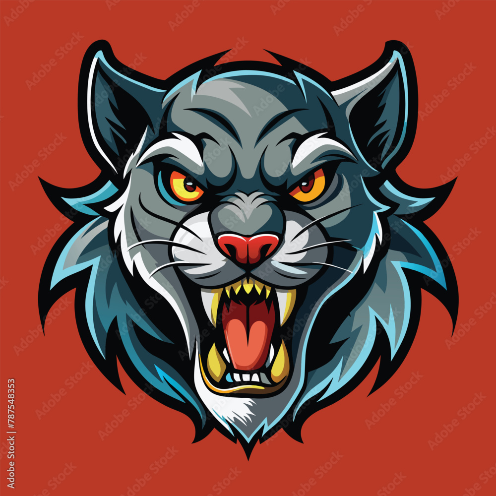 A close-up view of a ferocious black and white tigers head with striking orange eyes, Ferocious Undead Feline, Zombie Cougar Mascot Logo Design