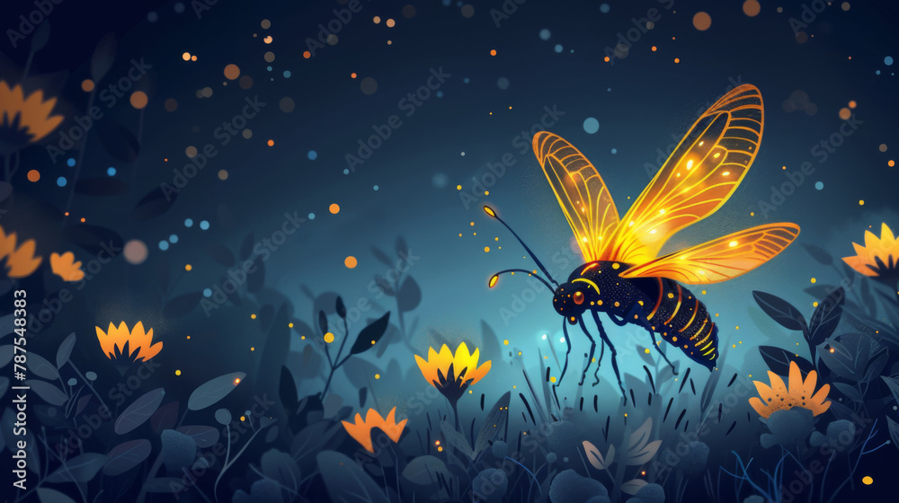 A digital illustration of a glowing firefly lighting up a mystical dark garden with vibrant flowers at night. A digital illustration of a glowing firefly lighting up a mystical dark garden with vibrant flowers at night.