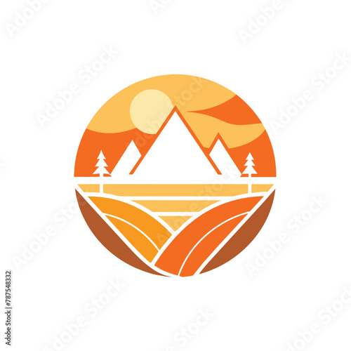 A logo featuring mountains and trees in the background, designed in a clean and stylish manner, Fashion a clean and stylish logo embodying simplicity and warmth