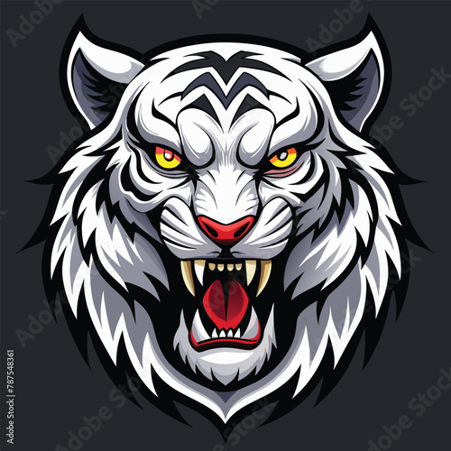 Close-up of a white tigers face with intense yellow eyes, showcasing its fierce and majestic appearance, Fierce White Tiger Head Mascot, Bold Illustration